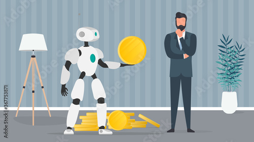 The robot gives a gold coin to a businessman. The robot brings profit to the business. The concept of earnings, profit and wealth. Vector.