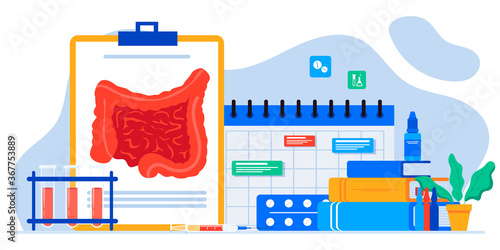 Intestine health and gut flora. Bacterium, pills for digestion. Diagnosis of the bowel. Inflammation, colitis, dysbacteriosis. Dysbiosis, microflora treatment. Doctor appointment. Online consultation