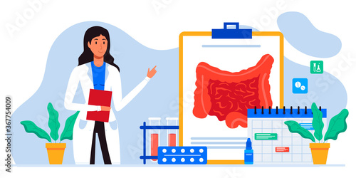 Digestive system health. Treat dysbiosis, harmful bacteria, intestine doctor examine. Doctor appointment. Online consultation. Diagnosis of the bowel. Inflammation, colitis, dysbacteriosis.
