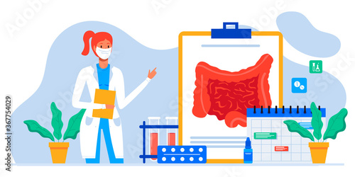 Digestive system health. Treat dysbiosis, harmful bacteria, intestine doctor examine. Doctor appointment. Online consultation. Diagnosis of the bowel. Inflammation, colitis, dysbacteriosis.