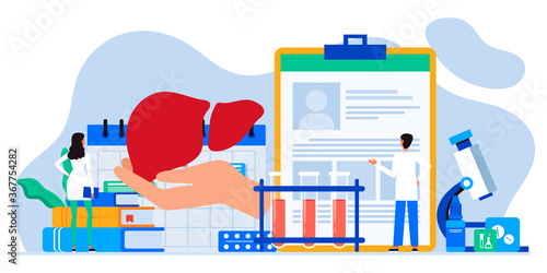 Donation web banner, flyer. Hand holding liver. National organ donor day. Internal organ transplantation. Doctors treat the liver. Liver disease, hepatitis A, B, C, D, cirrhosis, world hepatitis day.