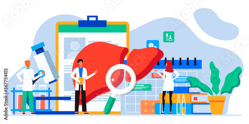 Doctors treat the liver. Liver disease, hepatitis A, B, C, D, cirrhosis, world hepatitis day. For web banners, brochure cover and flyer template. Healthcare, doing medical lab research concept