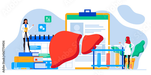 Doctors treat the liver. Liver disease, hepatitis A, B, C, D, cirrhosis, world hepatitis day. For web banners, brochure cover and flyer template. Healthcare, doing medical lab research concept