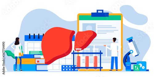 Doctors treat the liver. Liver disease, hepatitis A, B, C, D, cirrhosis, world hepatitis day. For web banners, brochure cover and flyer template. Healthcare, doing medical lab research concept