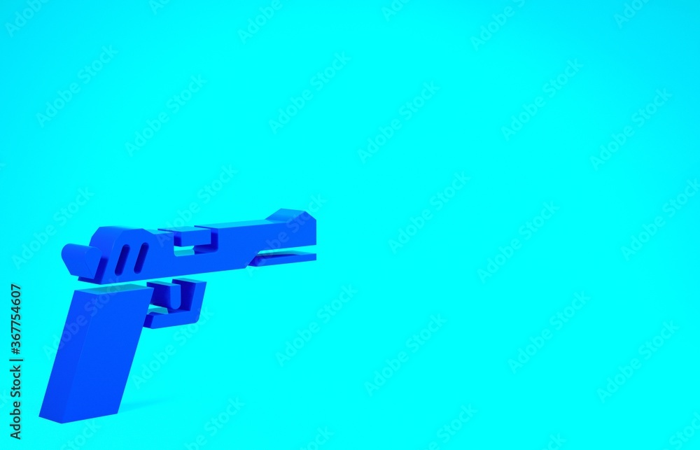Blue Pistol or gun icon isolated on blue background. Police or military handgun. Small firearm. Minimalism concept. 3d illustration 3D render. Blue Pistol or gun icon isolated on blue background. Police or military handgun. Small firearm. Minimalism concept. 3d illustration 3D render.