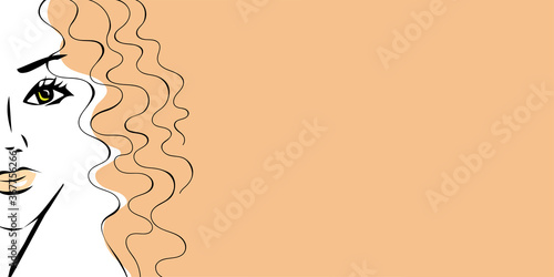 Stylish horizontal background with portrait of a beautiful girl with a curly red long hair. Fashionable laconic female image for logo, decoration, print, design. Colorful sketch, hand drawn vector