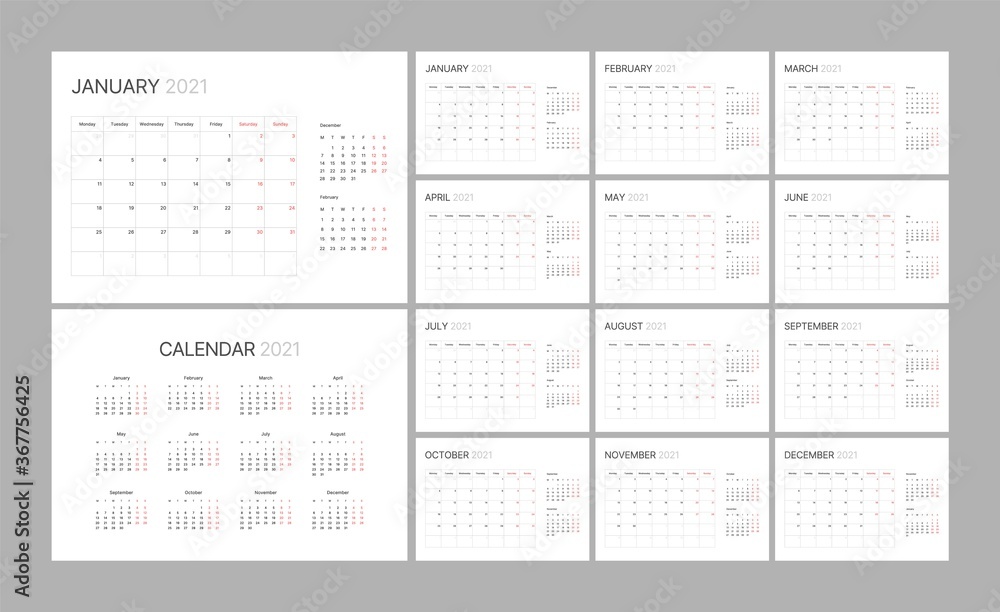 Wall calendar template for 2021 year. Planner diary in a minimalist style. Week Starts on Monday. Set of 12 Months. Ready for print.