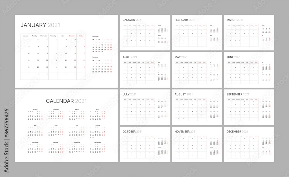 Wall calendar template for 2021 year. Planner diary in a minimalist style. Week Starts on Monday. Set of 12 Months. Ready for print. Wall calendar template for 2021 year. Planner diary in a minimalist style. Week Starts on Monday. Set of 12 Months. Ready for print.