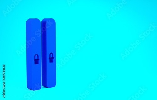 Blue Ski and sticks icon isolated on blue background. Extreme sport. Skiing equipment. Winter sports icon. Minimalism concept. 3d illustration 3D render.