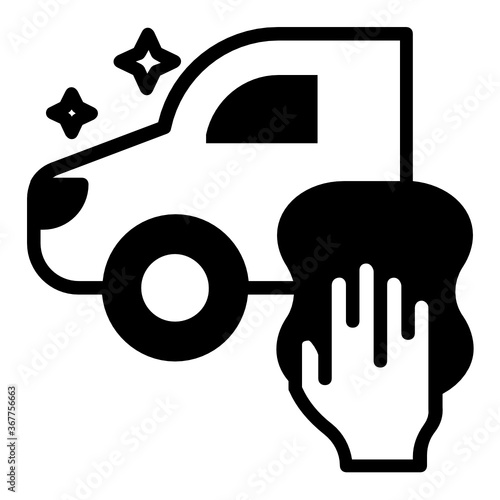 Vehicle with Hand holding microfiber towel vector Color Icon design, Manual Carwash & Detail Center equipment on white background, Car Body Paint Work Concept, Disinfect Germs Bacteria Free Lorry 