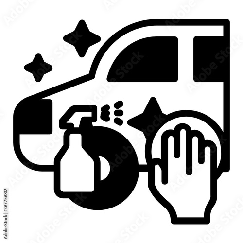 Car sanitizing Symbol, Automobile decontamination Service, Vehicle Hygiene Cocnept, Shiny Car with disinfectant spray vector Color icon design, Carwash and Detail Center equipment on white background 