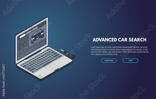 Online car search web site. Isometric laptop with car ad. Online searching tool for used or new cars. Computer app for automobile buy and sell.