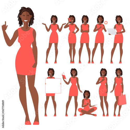 Set of flat design young afro american woman characters. Various poses and gestures and everyday activities. Shopping, chatting, phonning, working and showing different emotions.