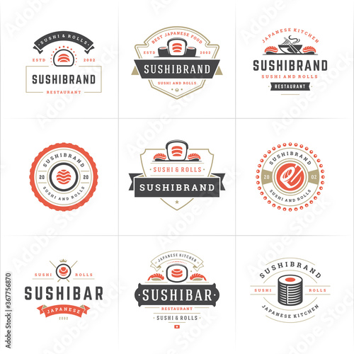 Sushi restaurant logos and badges set japanese food with sushi salmon rolls silhouettes vector illustration