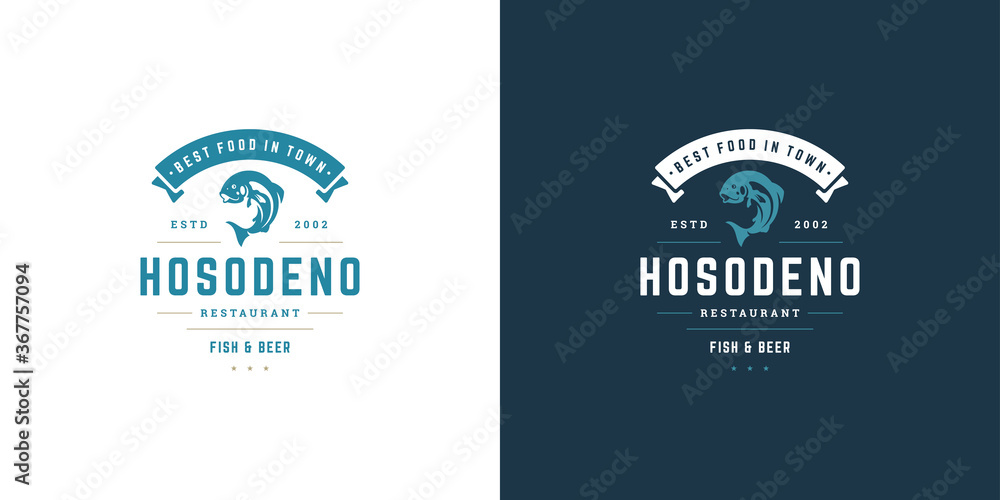 Seafood logo or sign vector illustration fish market and restaurant emblem template design fish silhouette Seafood logo or sign vector illustration fish market and restaurant emblem template design fish silhouette