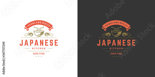 Sushi logo and badge japanese food restaurant with ramen noodle soup asian kitchen silhouette vector illustration