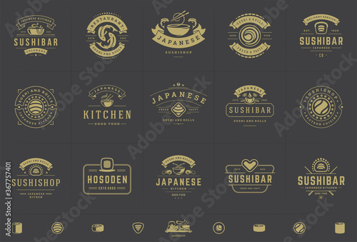 Sushi restaurant logos and badges set japanese food with sushi salmon rolls silhouettes vector illustration