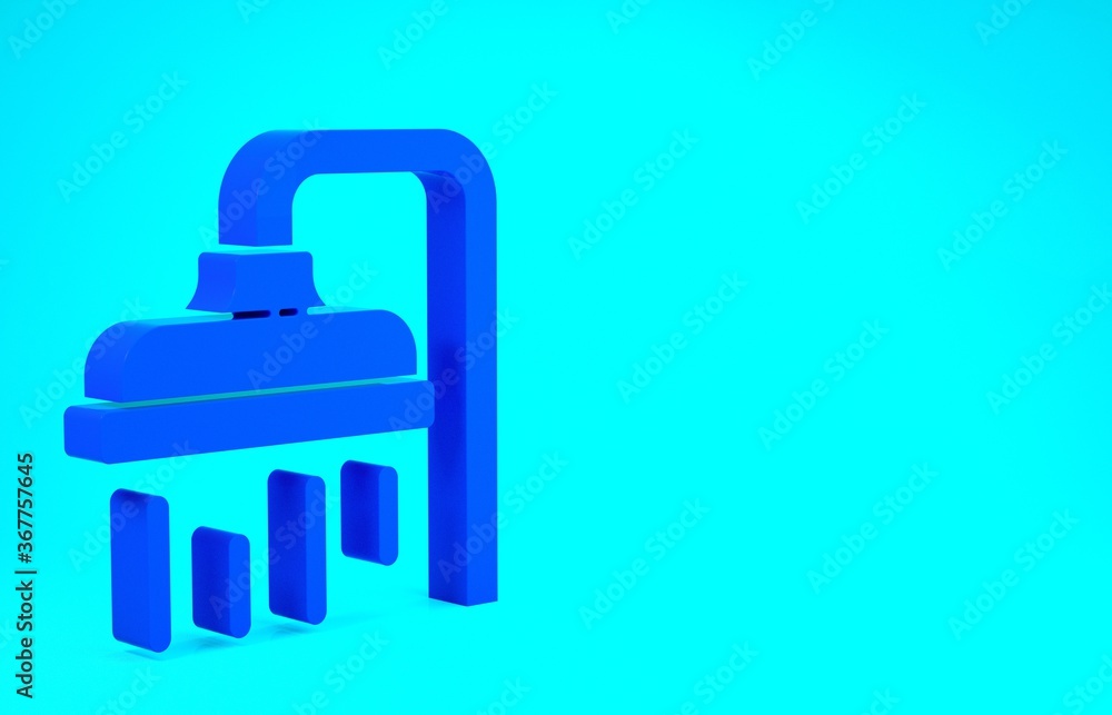 Blue Shower head with water drops flowing icon isolated on blue background. Minimalism concept. 3d illustration 3D render. Blue Shower head with water drops flowing icon isolated on blue background. Minimalism concept. 3d illustration 3D render.