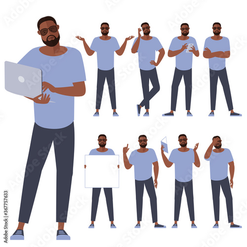 Set of flat design young black afro american man characters. Various poses and gestures and everyday activities. Shopping, chatting, phonning, working and showing different emotions.