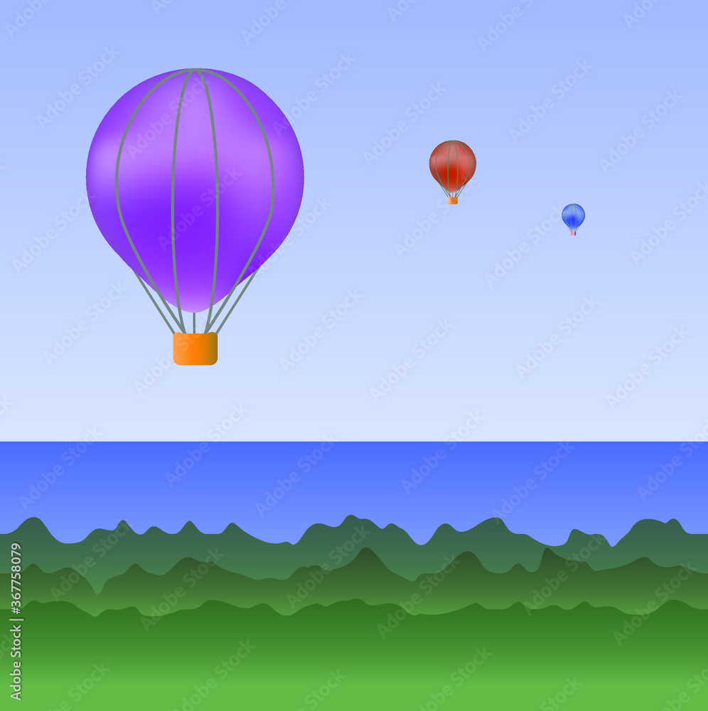 Obraz premium Balony latają nad lasem i morzem, ilustracji wektorowych