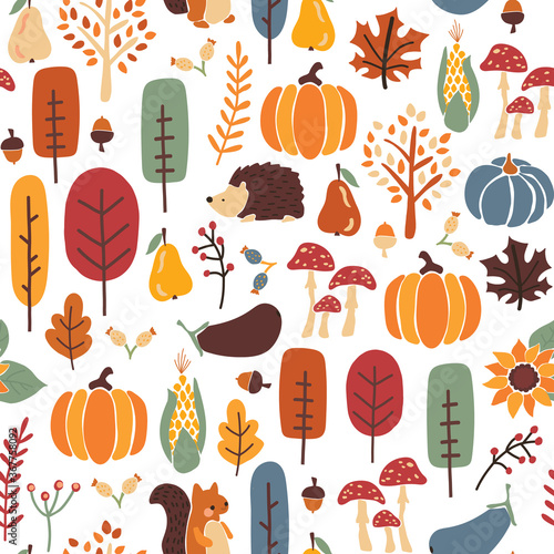 Thanksgiving Autumn seamless vector pattern. Repeating fall background hedgehog, squirrel corn tree pumpkin pear sunflower acorn. Harvest festival. Use for fabric, Thanksgiving decor, fall, autumn