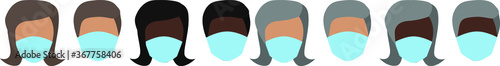 Simple primitive illustration, masked people of different skin colors and ages, vector, icons