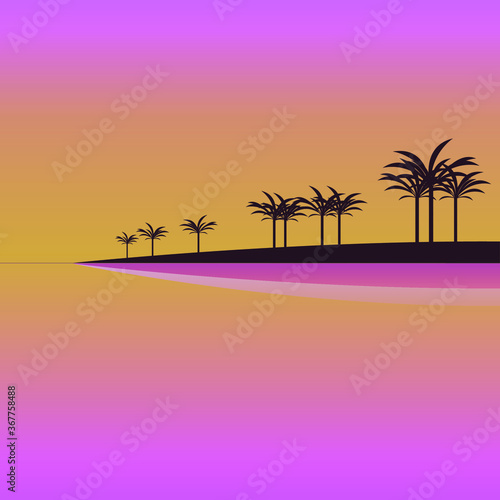 Beautiful sunset on the beach with palm silhouettes, vector illustration
