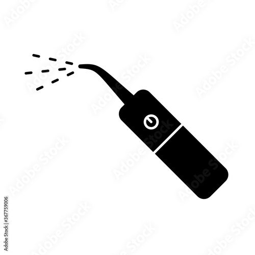 Dental irrigator silhouette icon. Outline logo of electric device for home use with water stream. Black simple illustration of oral care, brush teeth. Flat isolated vector pictogram, white background