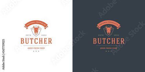 Butcher shop logo vector illustration cow head silhouette good for farm or restaurant badge
