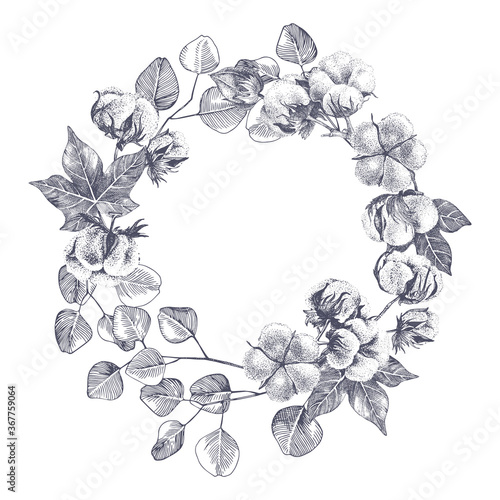 Hand drawn cotton and eucaliptus wreath