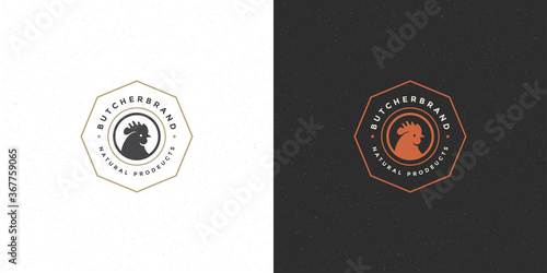 Butcher shop logo vector illustration rooster head silhouette good for poultry farm or restaurant badge
