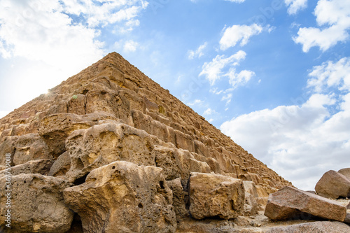 Closeup view on a great pyramid of Cheops in Giza plateau. Cairo  Egypt