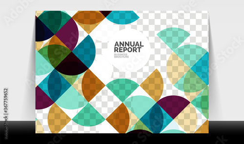 Horizontal A4 business flyer annual report template, circles and triangle style shapes modern geometric design for brochure layout, magazine or booklet