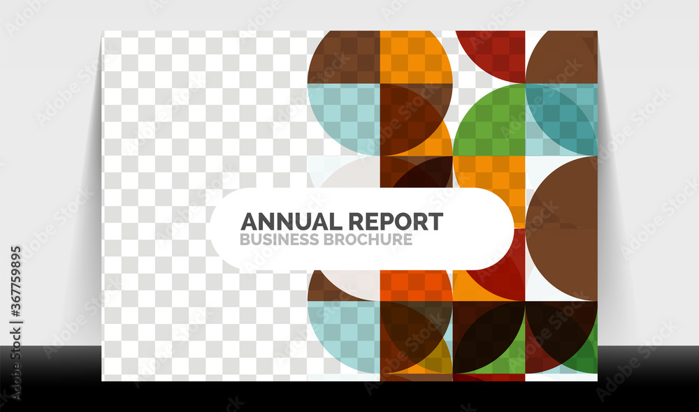 Horizontal A4 business flyer annual report template, circles and triangle style shapes modern geometric design for brochure layout, magazine or booklet Horizontal A4 business flyer annual report template, circles and triangle style shapes modern geometric design for brochure layout, magazine or booklet