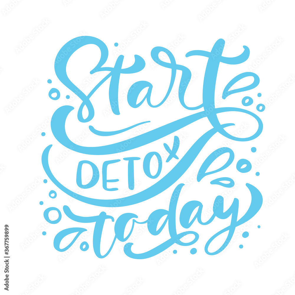 Start Detox today logo calligraphy lettering text poster in doodle style. Hand drawn green brush stroke for smoothie or detox drink in the bottle. For cafe, social media blog