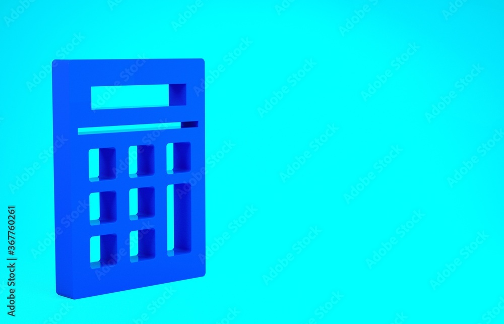 Blue Calculator icon isolated on blue background. Accounting symbol. Business calculations mathematics education and finance. Minimalism concept. 3d illustration 3D render.