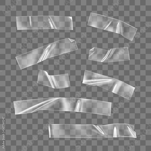 Transparent adhesive plastic tape set isolated on transparent background. Crumpled glue plastic sticky tape for photo and paper fixture. Realistic wrinkled strips isolated 3d vector illustration