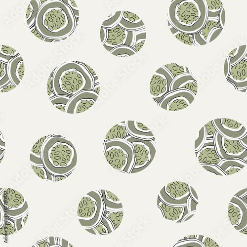Vector Vegetables Cucumber Circles Scattered on Beige Seamless Repeat Pattern. Background for textiles, cards, manufacturing, wallpapers, print, gift wrap and scrapbooking.