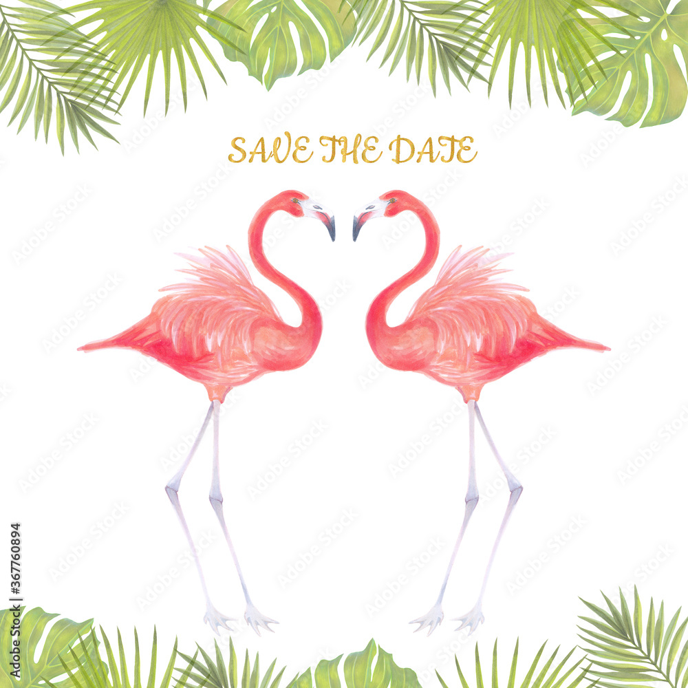 Fototapeta premium Watercolor template for wedding invintation with illustration of pink flamingo bird with tropical background of palms and leaves and flowers