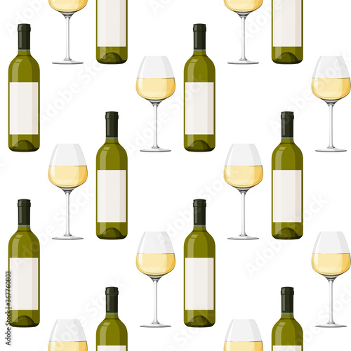 Glass green bottle and glass of white wine background. Seamless pattern with alcohol drink.
