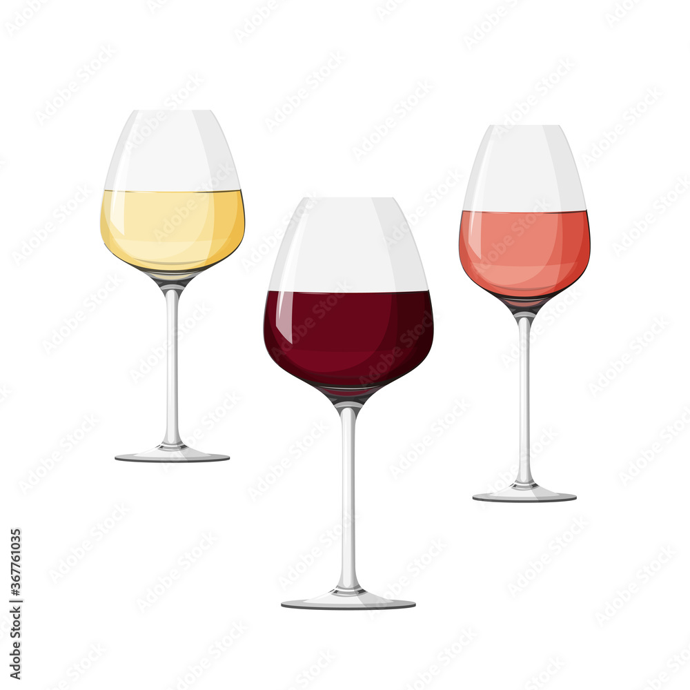 Set of three wineglasses, white, red and rose wine. Realistic vector collection. Set of three wineglasses, white, red and rose wine. Realistic vector collection.