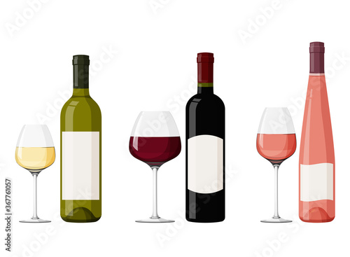 Colorful glass wine bottles with wineglasses. Realistic vector illustration. Red, white and pink wine.