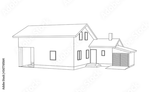 3D suburban house model. Drawing of the modern building. Cottage project on white background. Vector monochrome blueprint.