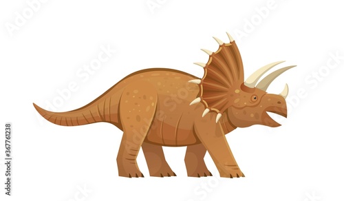 Triceratops was dangerous dinosaur. Triceratops bearing a large bony frill and three horns on the skull. Vector cartoon dinosaur.