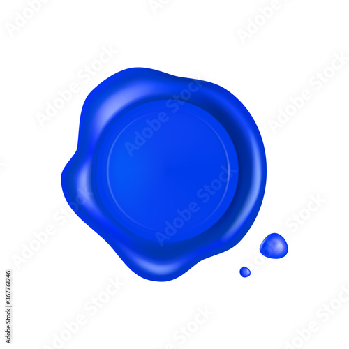 Blue wax seal. Wax seal stamp isolated on white background. Realistic guaranteed blue stamp. Realistic 3d vector illustration