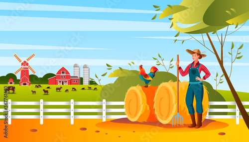 Organic farm landscape with woman farmer, haystack, cock, mill, livestock, barn, pitchfork. Agriculture rural landscape in flat style with young woman, cockerel, fence, pasture, sky, green fields,tree