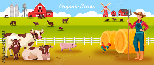 Livestock farm vector landscape with cows, woman farmer, calf, bull, pig, cock, haystacks, barn. Agriculture livestock background in flat style with rural countryside landscape, young woman, pitchfork