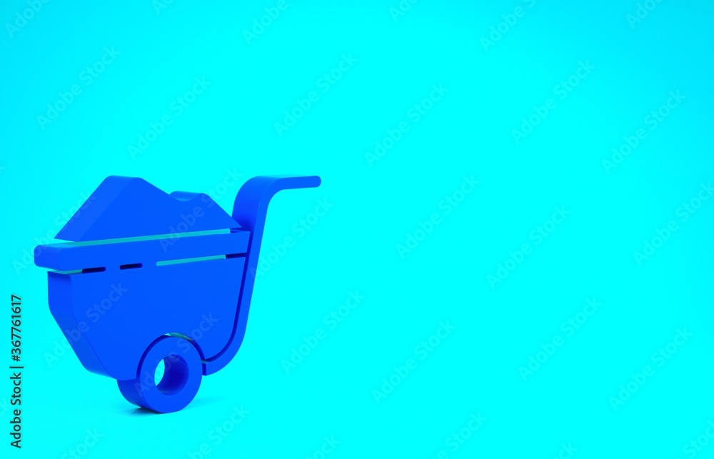 Blue Wheelbarrow with dirt icon isolated on blue background. Tool equipment. Agriculture cart wheel farm. Minimalism concept. 3d illustration 3D render. Blue Wheelbarrow with dirt icon isolated on blue background. Tool equipment. Agriculture cart wheel farm. Minimalism concept. 3d illustration 3D render.