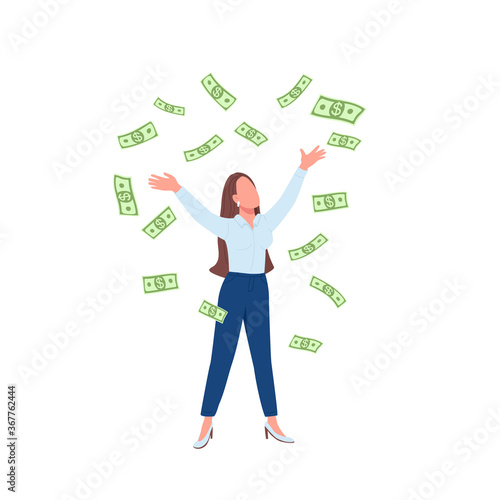 Business woman throwing cash up flat color vector faceless character