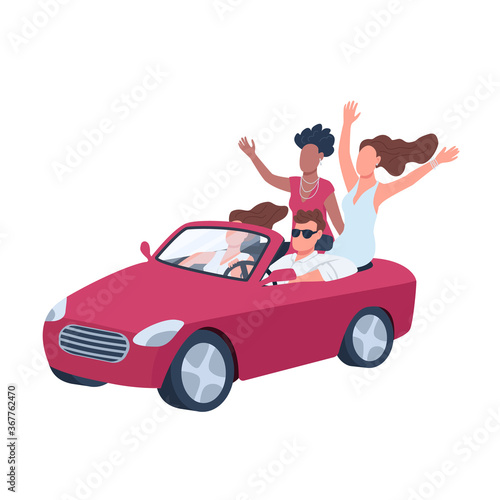 Attractive man in car surrounded by girls flat color vector faceless character